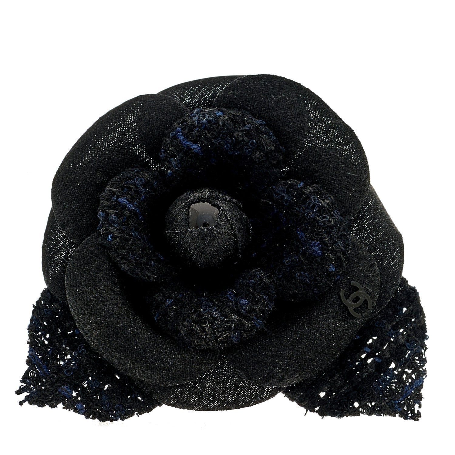 Chanel Tweed Fabric Camellia Pin Brooch 115/46 Navy Blue Black