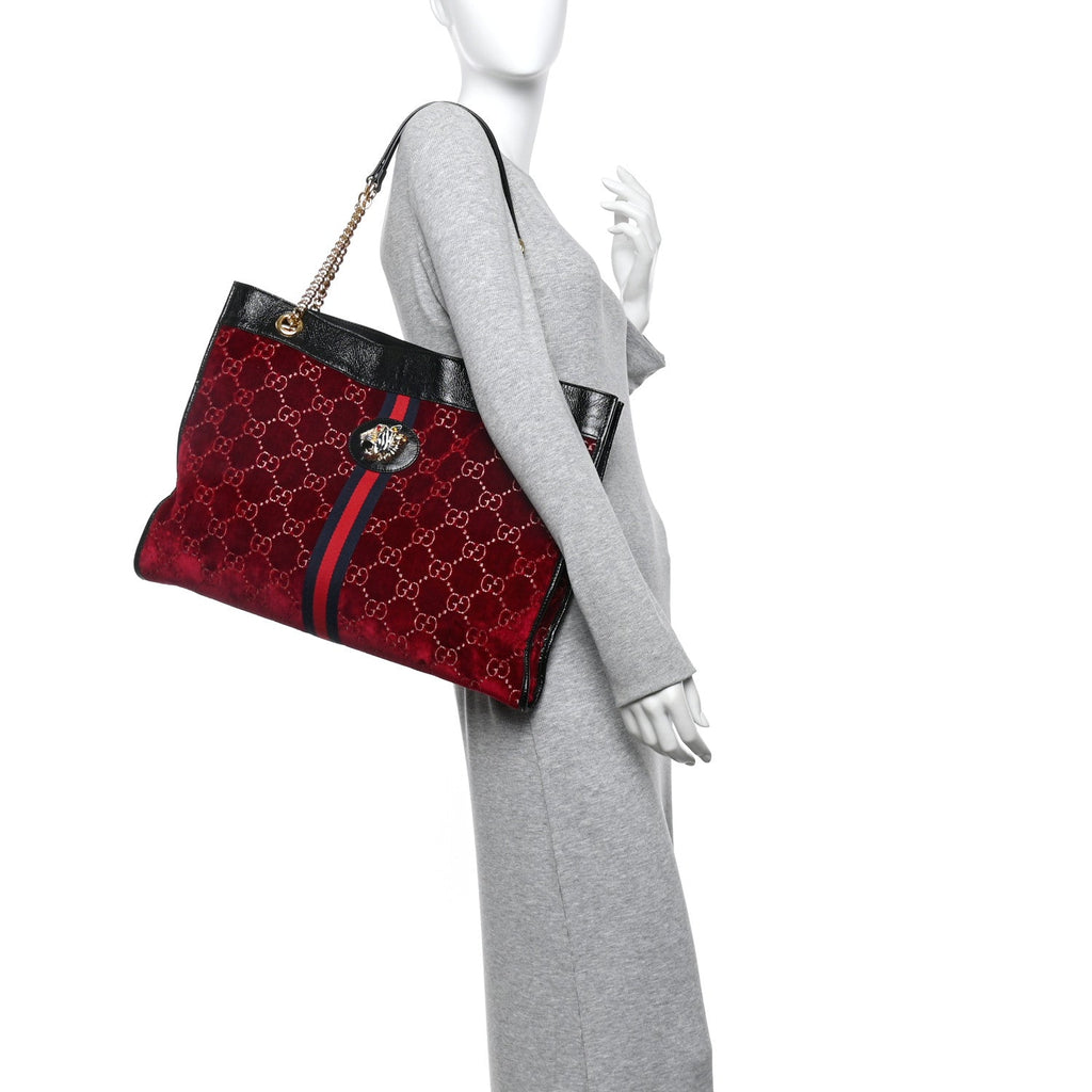 Gucci Velvet GG Monogram Large Rajah Chain Tote Red Cipria Black