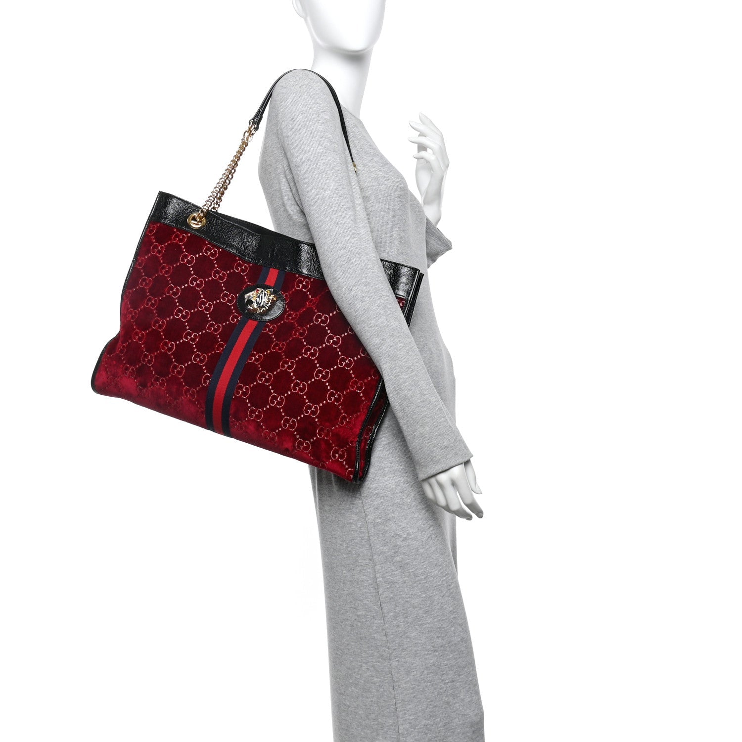 Gucci Velvet GG Monogram Large Rajah Chain Tote Red Cipria Black
