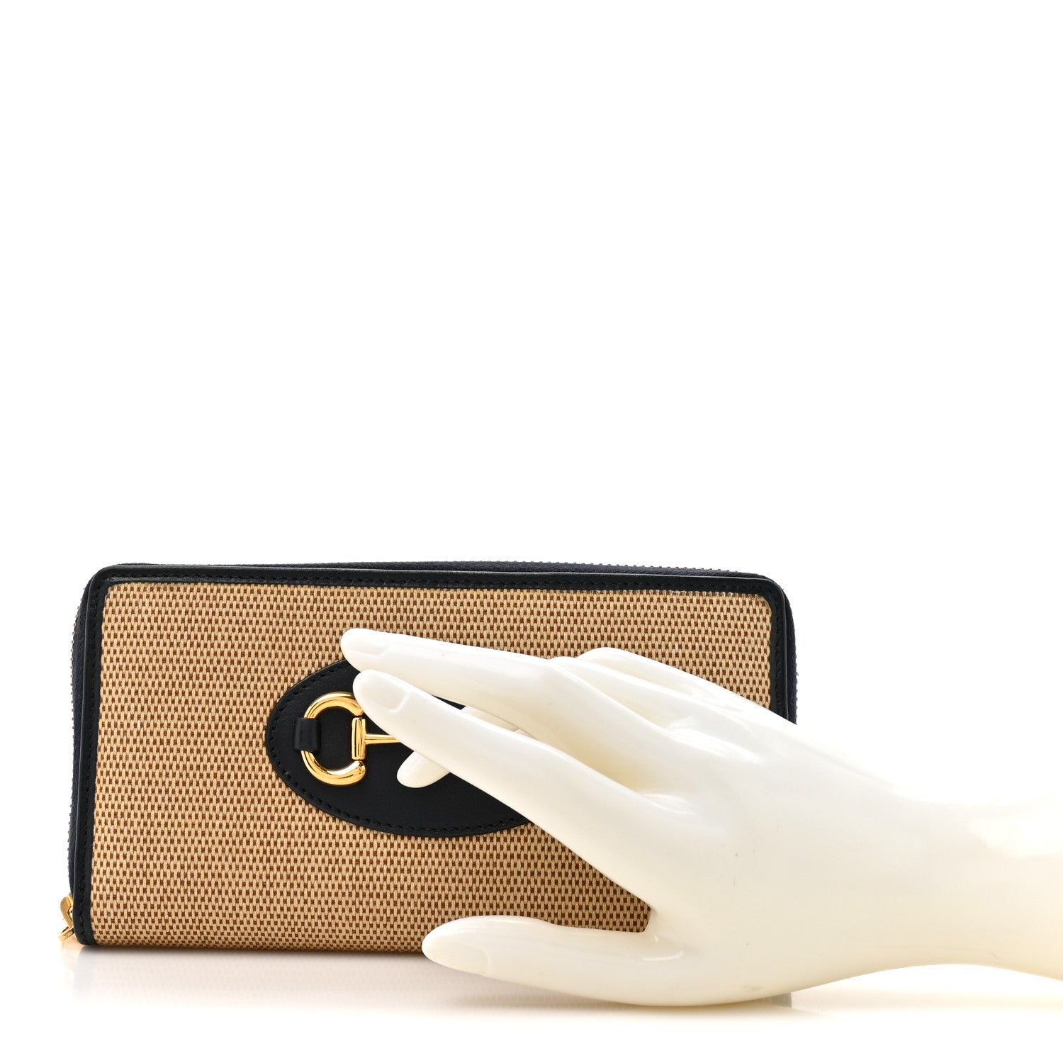Gucci Canvas Azalea Calfskin Horsebit 1955 Zip Around Wallet Beige Blue