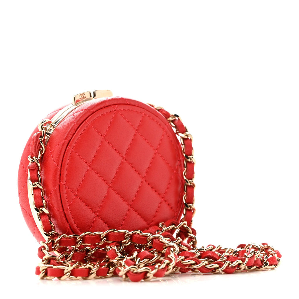 Chanel Lambskin Enamel Quilted Round Poker Chip Clutch With Chain Red White