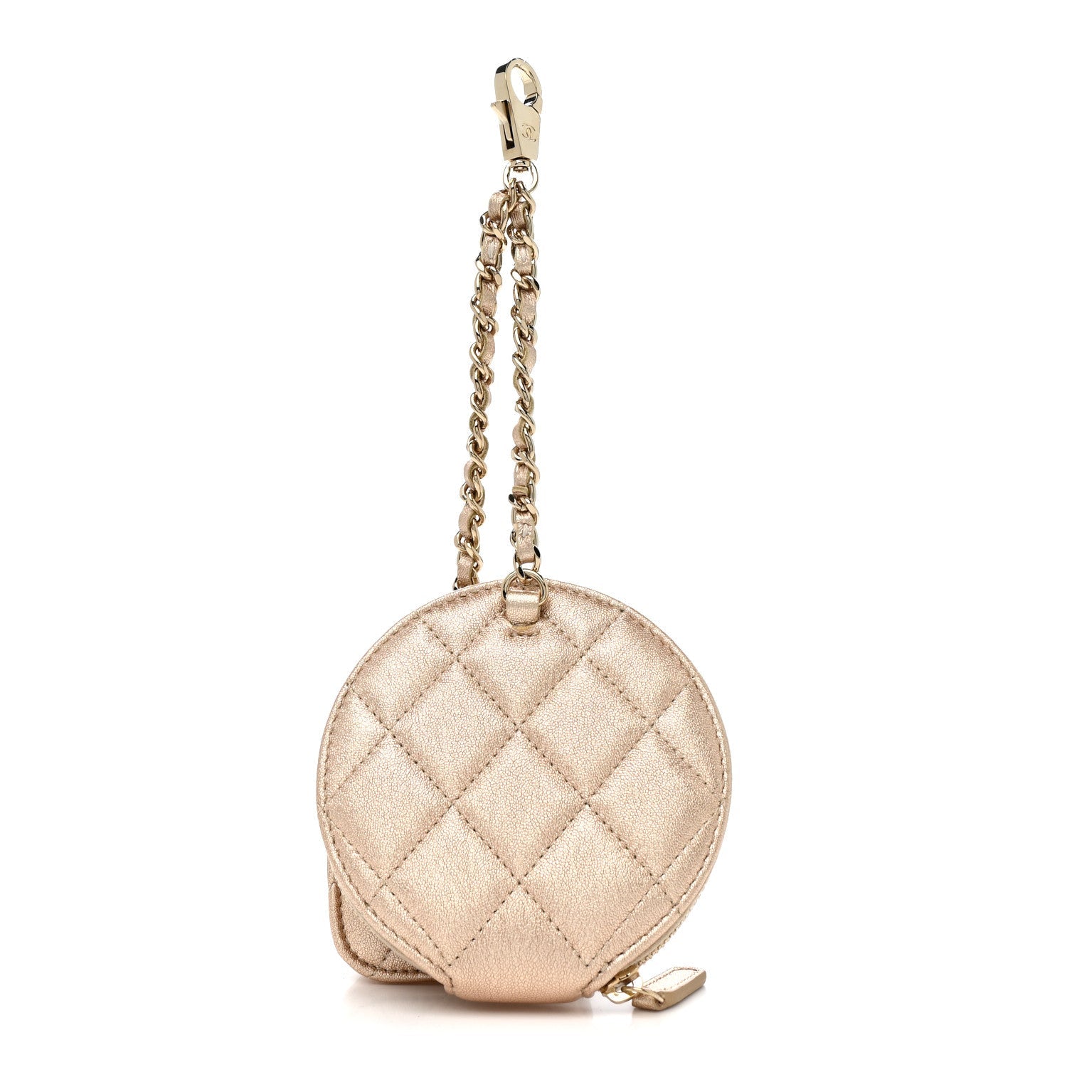Metallic Lambskin Quilted Round Clip On Coin Purse Airpods Case Gold