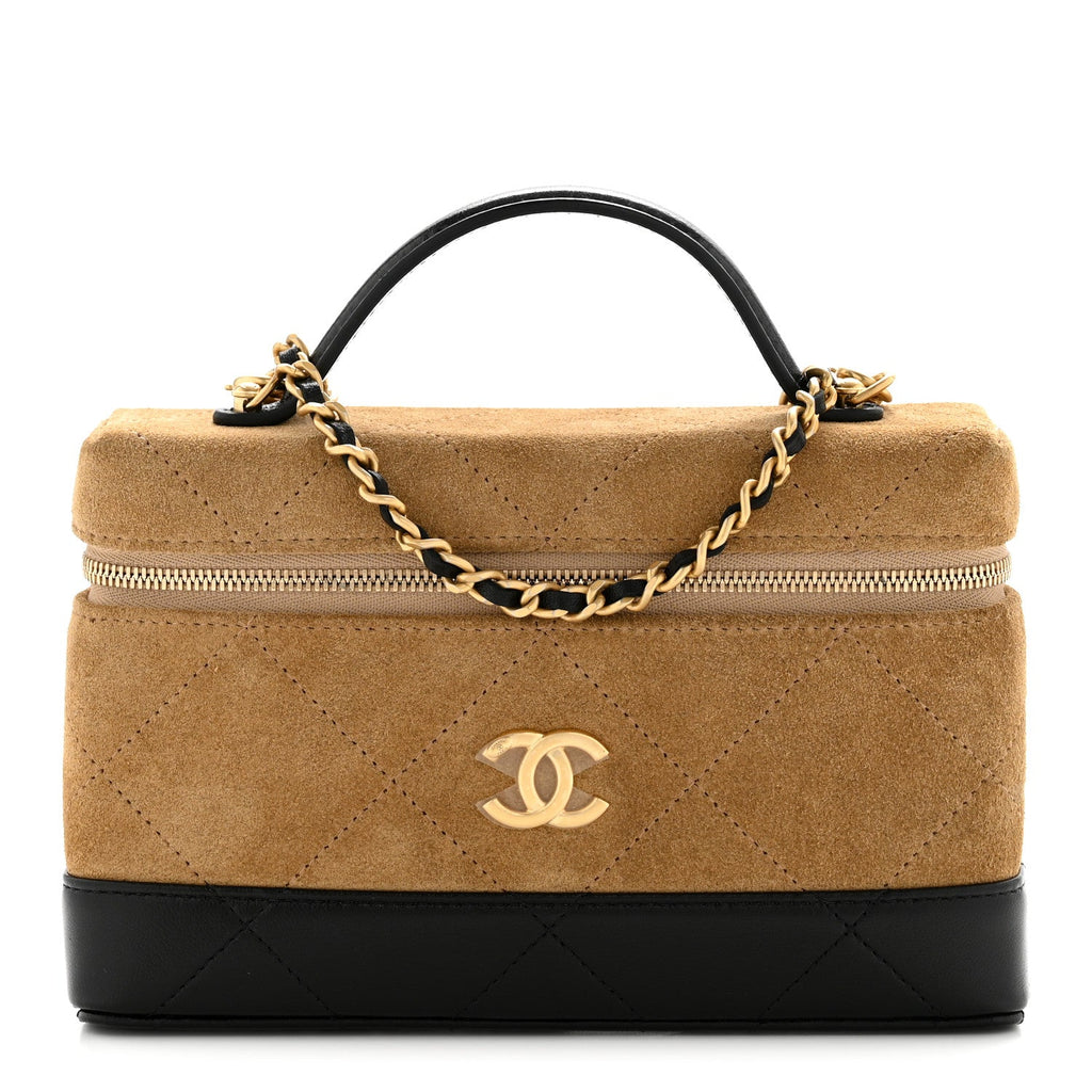 Chanel Suede Calfskin Shiny Lambskin Quilted Top Handle Slim Vanity Case With Chain Beige Black