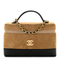 Chanel Suede Calfskin Shiny Lambskin Quilted Top Handle Slim Vanity Case With Chain Beige Black