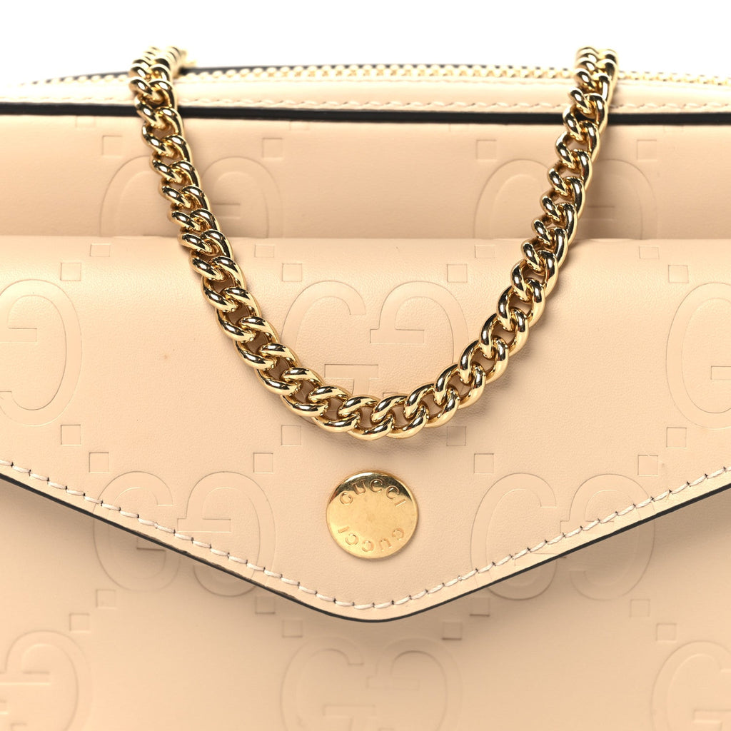 Gucci Calfskin GG Super Mini Debossed Chain Wallet Light Beige