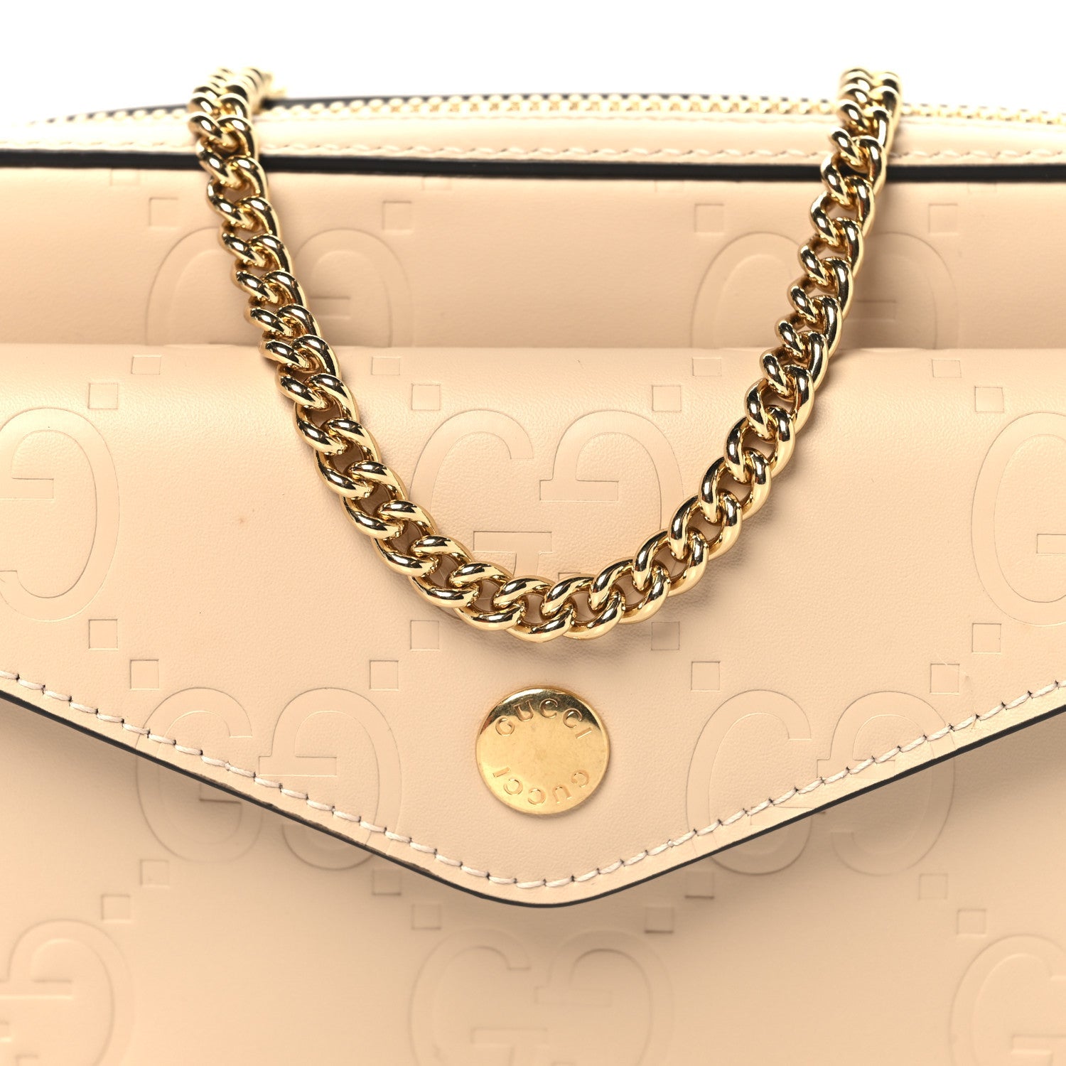 Gucci Calfskin GG Super Mini Debossed Chain Wallet Light Beige