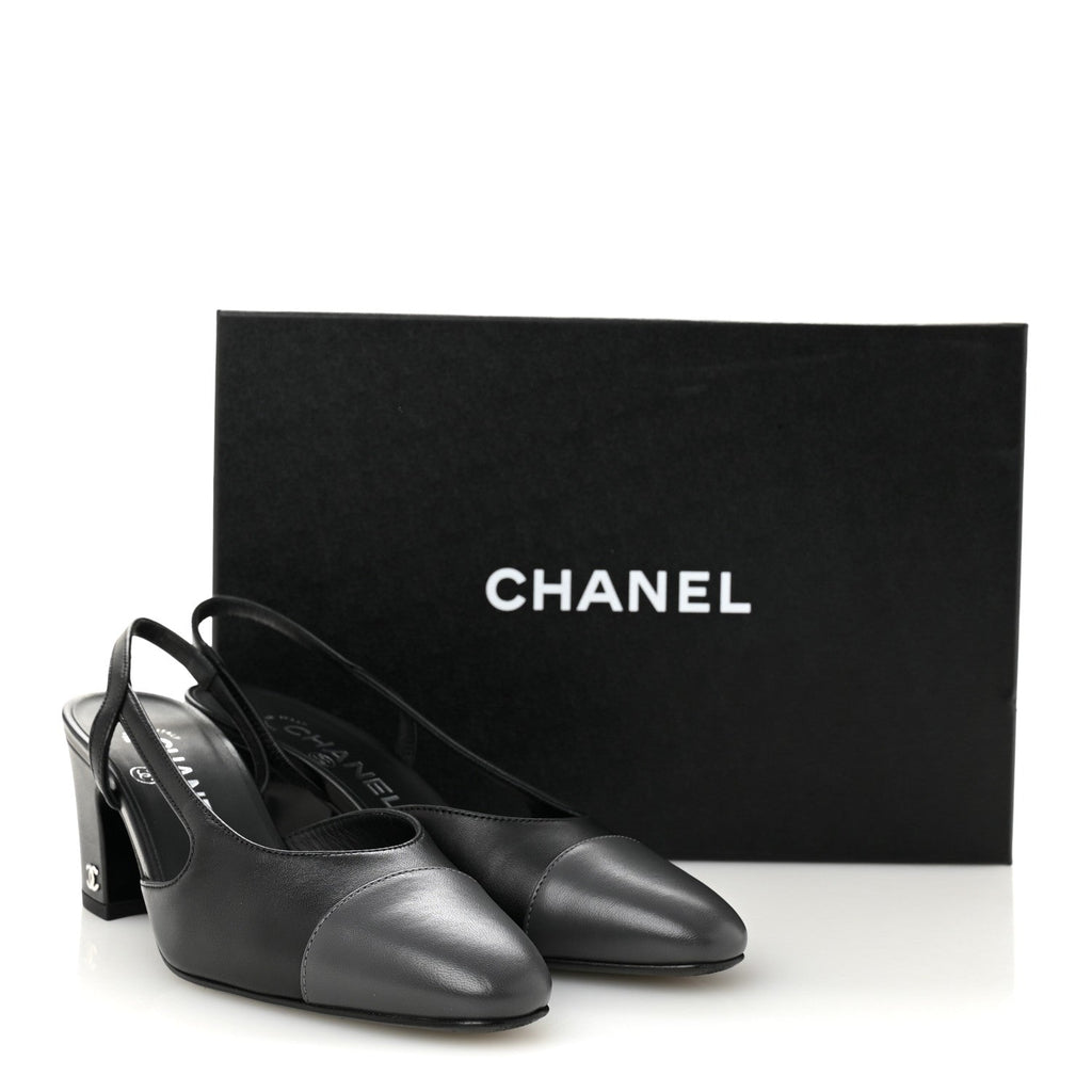 Lambskin Cap Toe CC Slingback Pumps 35.5 Black Dark Grey