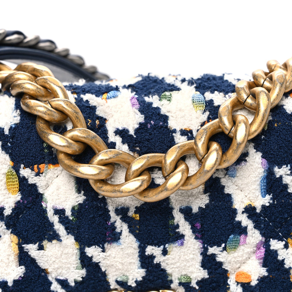 Chanel Tweed Quilted Medium Chanel 19 Flap Ecru Navy Blue Multicolor