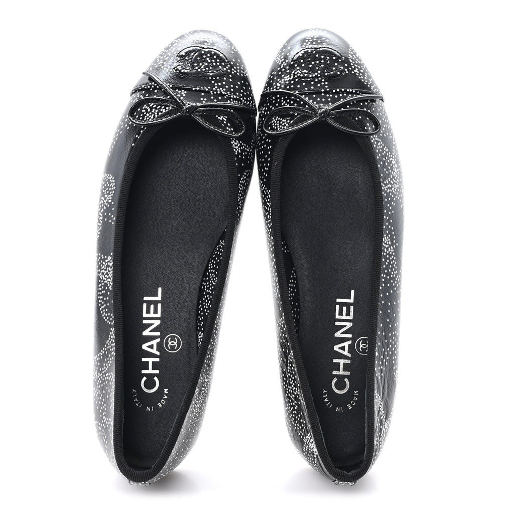 Calfskin Camellia Printed Cap Toe Ballerina Flats 36 Black White
