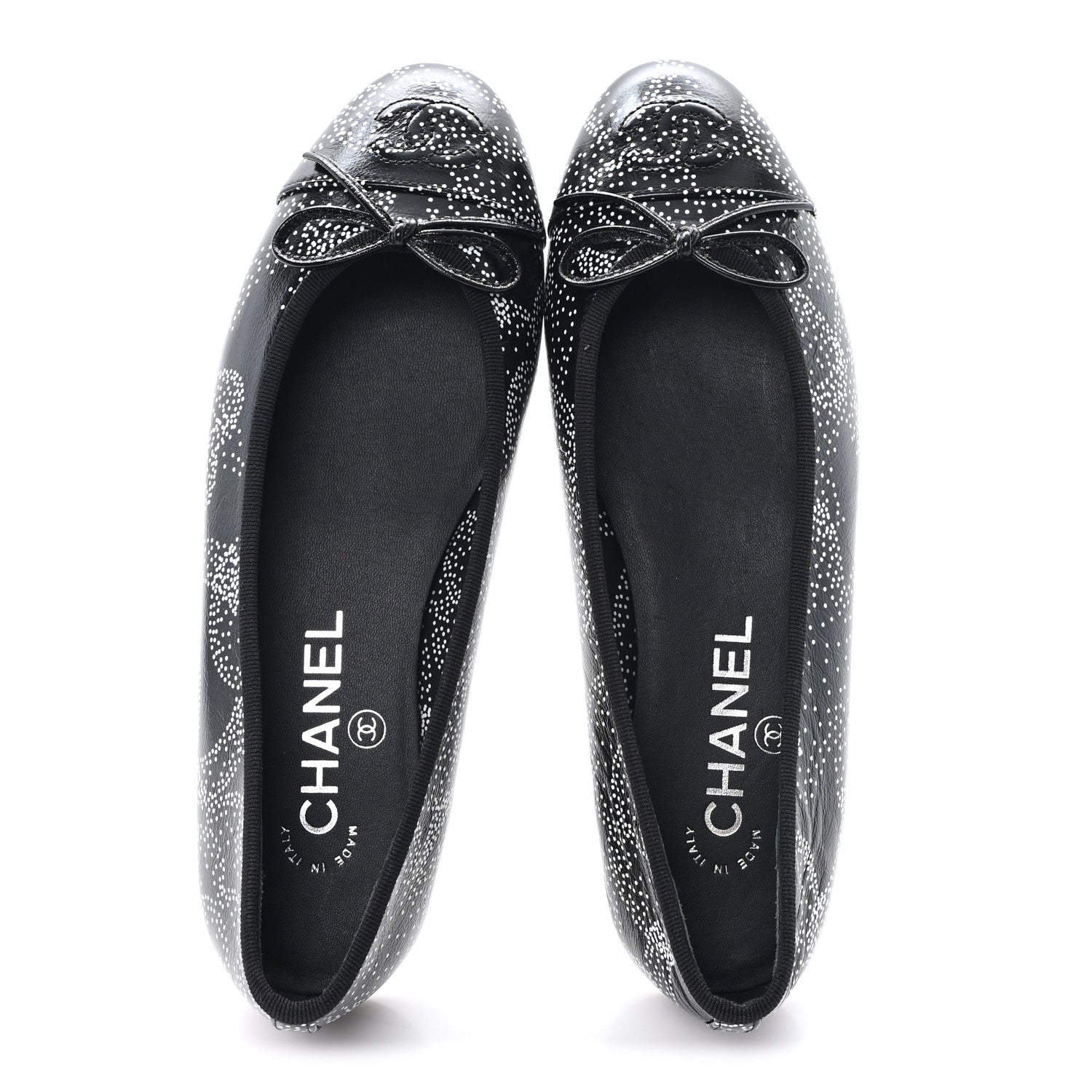 Calfskin Camellia Printed Cap Toe Ballerina Flats 36 Black White