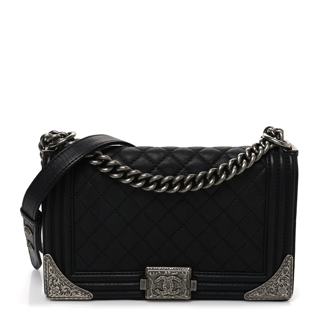 Chanel Calfskin Quilted Metal Embellished Paris Dallas Medium Boy Flap Black