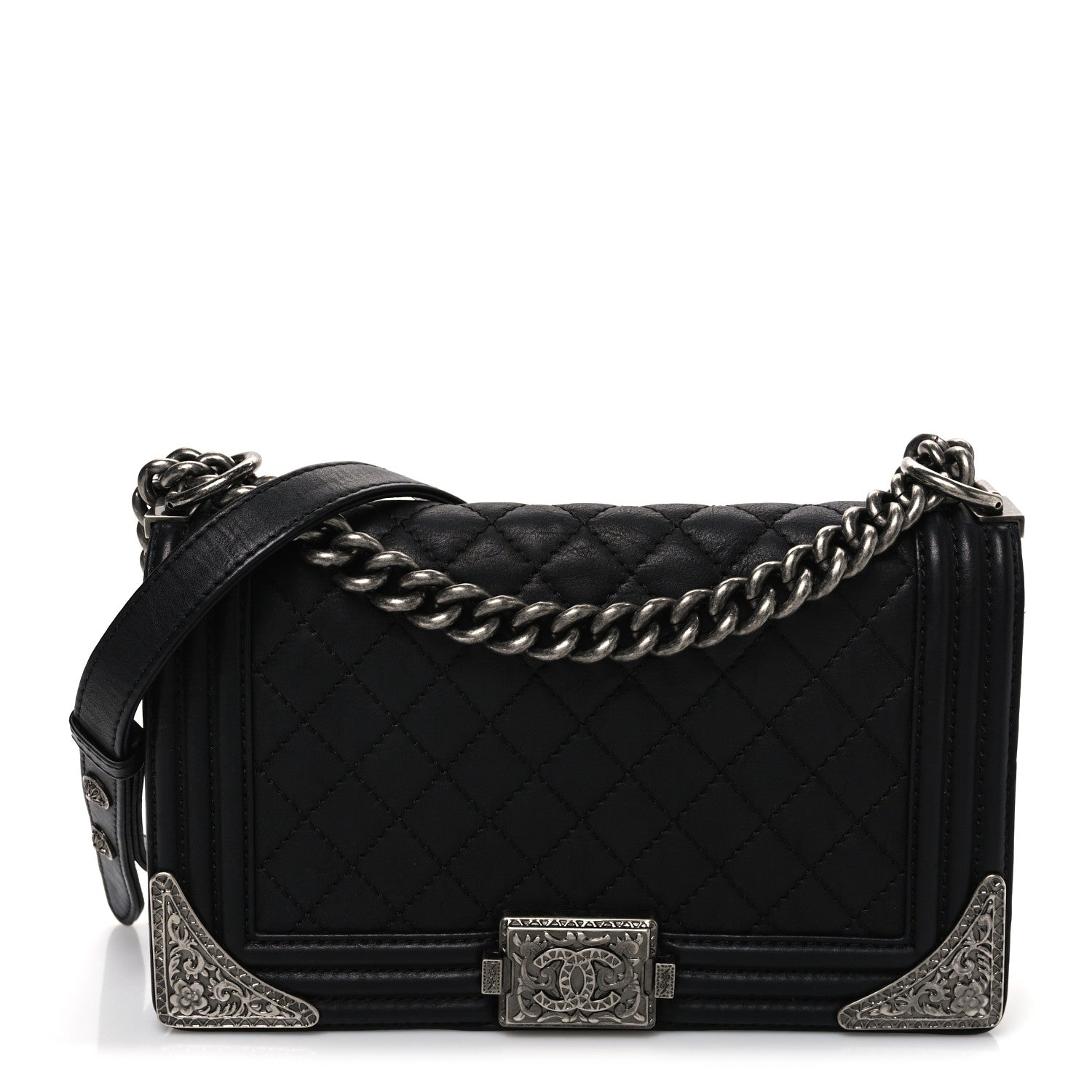 Chanel Calfskin Quilted Metal Embellished Paris Dallas Medium Boy Flap Black