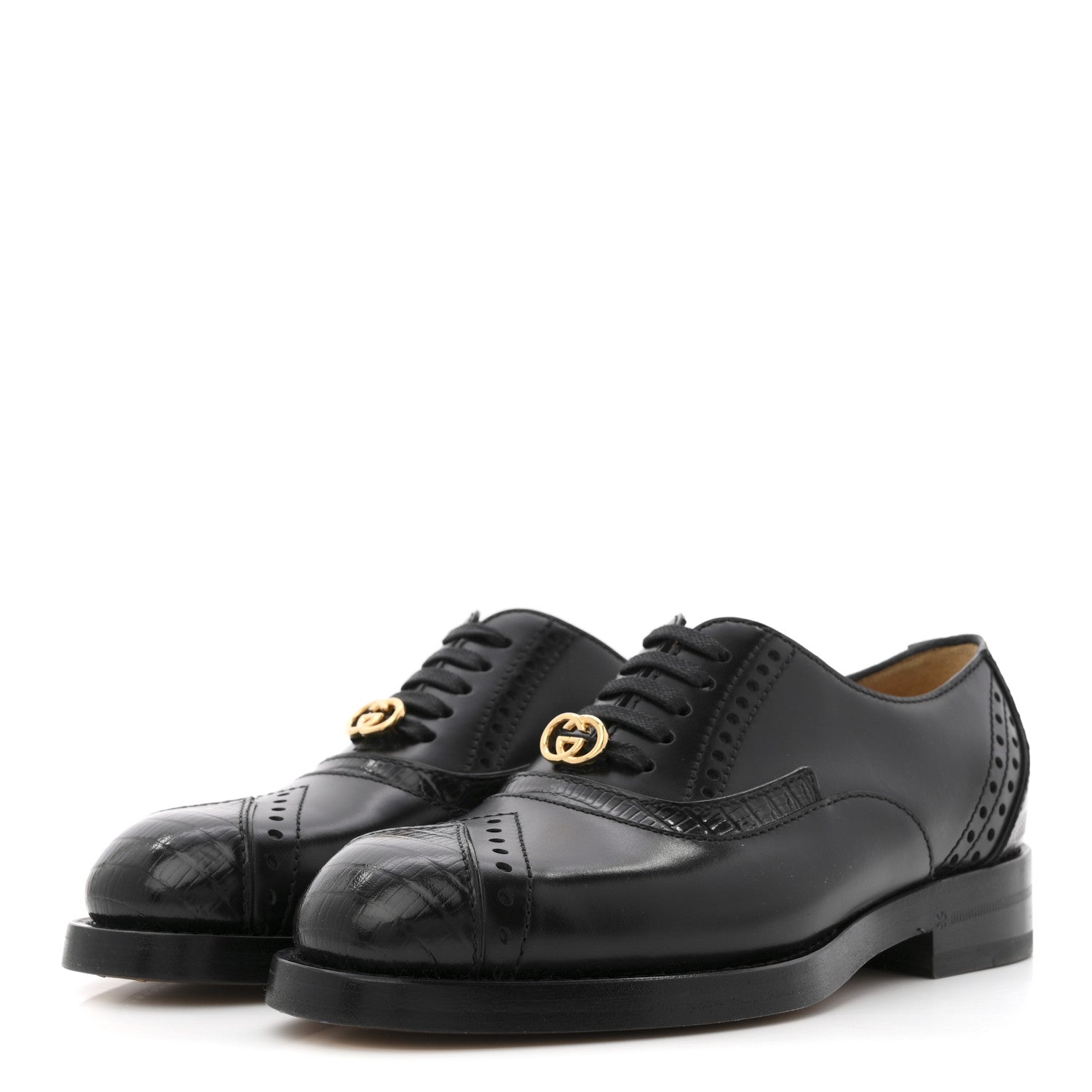 Gucci Glossy Calfskin Tejus Womens Lace Up Loafers 35 Black
