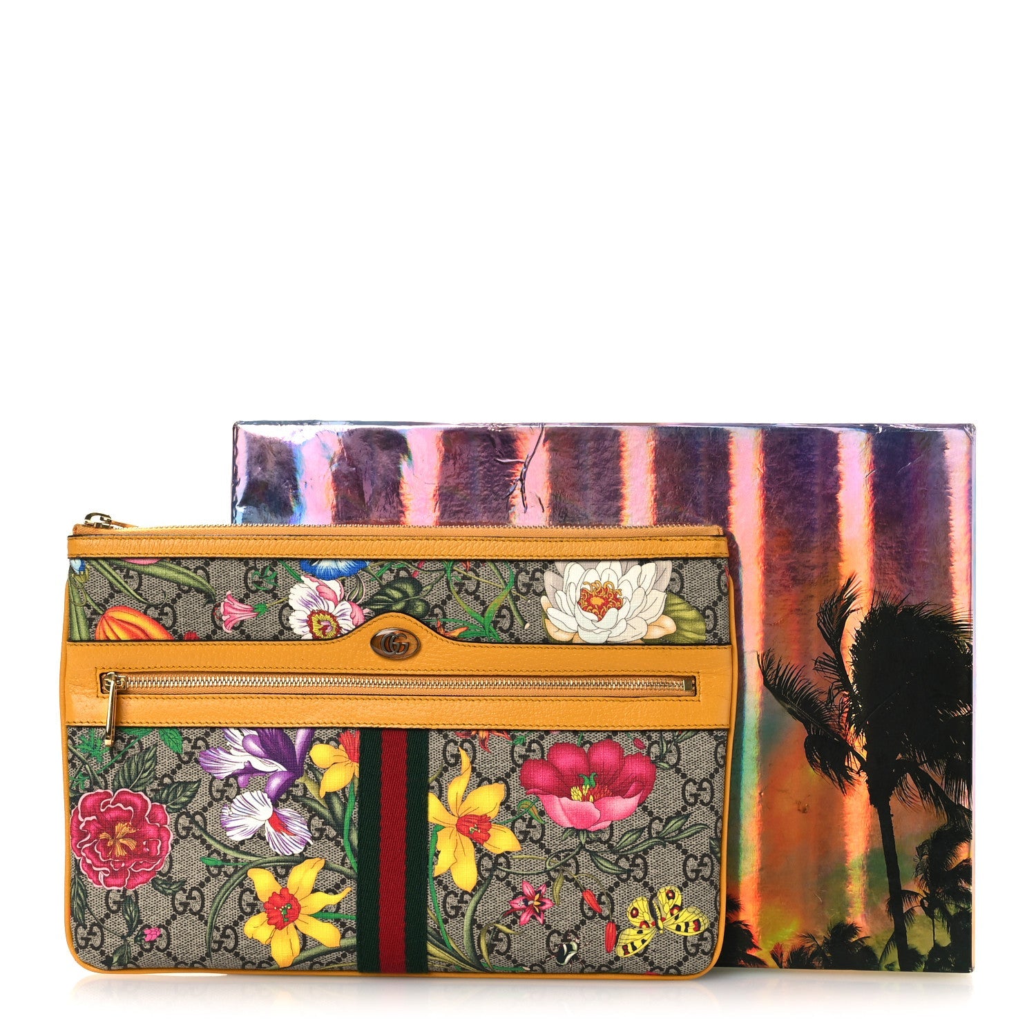 Gucci GG Supreme Monogram Flora Large Ophidia Pouch Clutch Beige Multicolor Crop