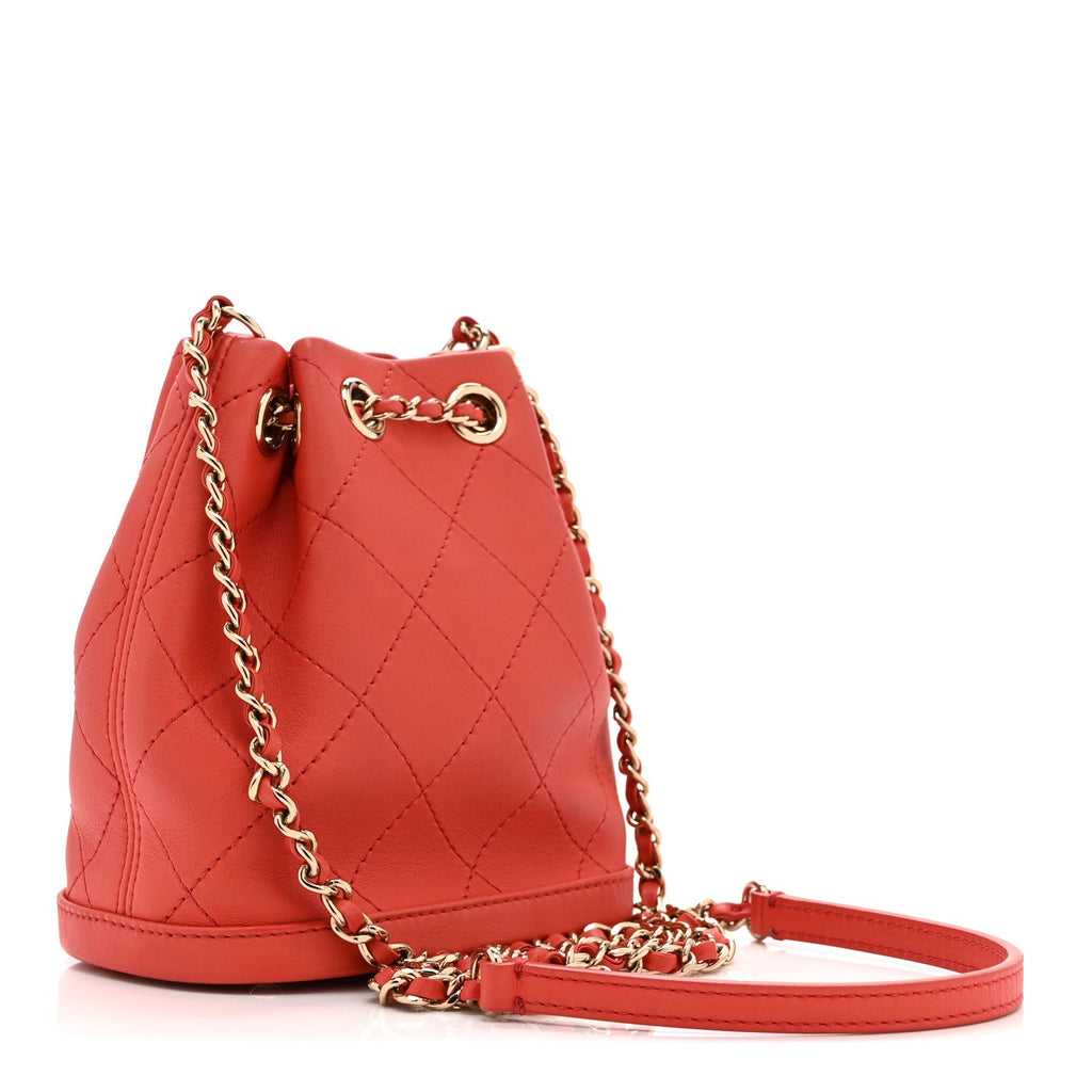 Chanel Calfskin Stitched Chain Bucket Bag Coral