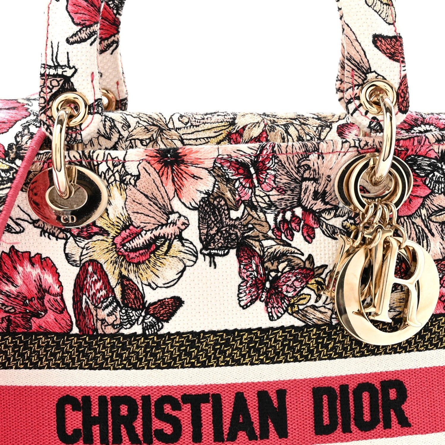 Christian Dior Canvas Embroidered Butterfly Print Medium Lady D-Lite  Multicolor