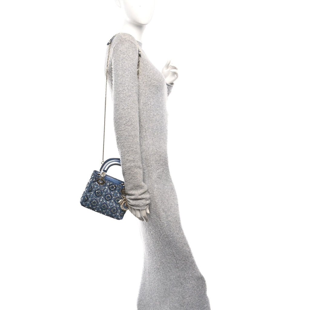 Christian Dior Metallic Calfskin Satin Celestial Bead Embroidery Cannage Mini Lady Dior Blue