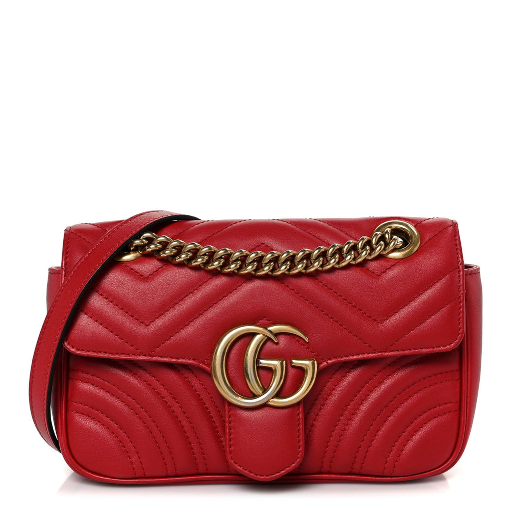 Gucci Calfskin Matelasse Mini GG Marmont Shoulder Bag Hibiscus Red