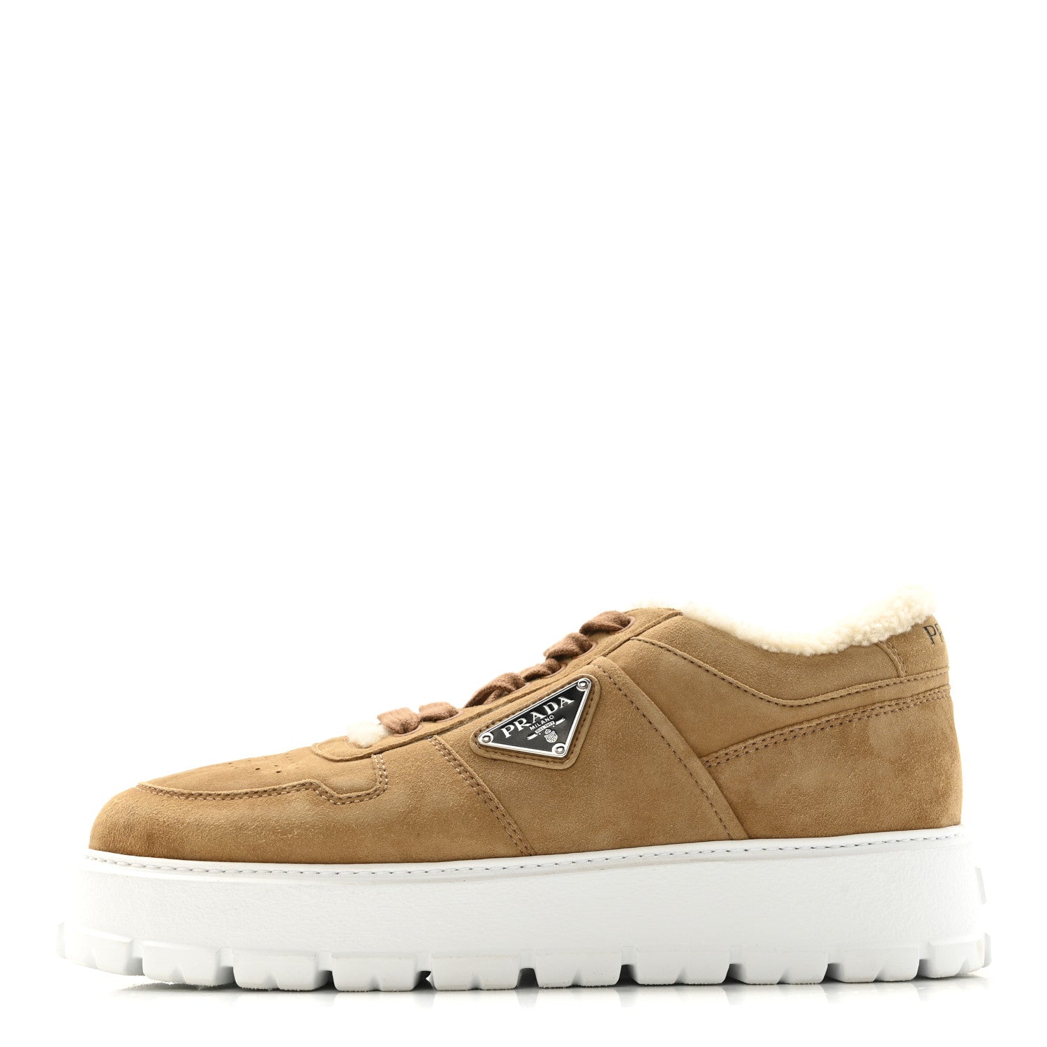 Prada Suede Shearling Triangle Logo Downtown Sneakers 40 Ecru