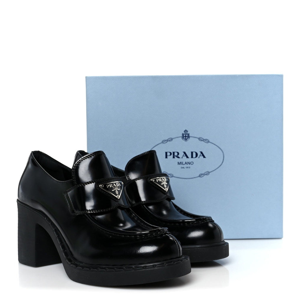 Prada Spazzolato Metal Triangle Logo 85mm Loafers 40 Black