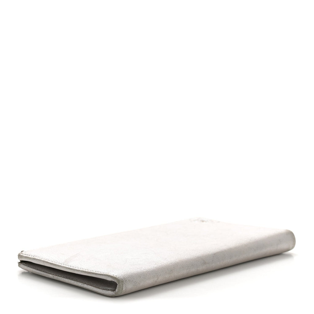 Metallic Goatskin Camellia Embossed Zip Around Wallet Silver