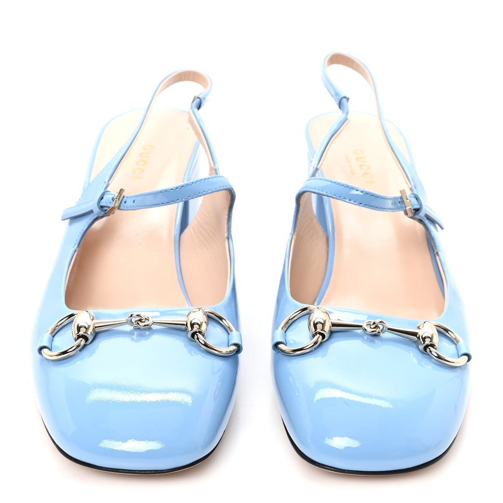 Gucci Vernice Crystal Horsebit Charlotte 42mm Slingback Pumps 37.5 Glacial Blue
