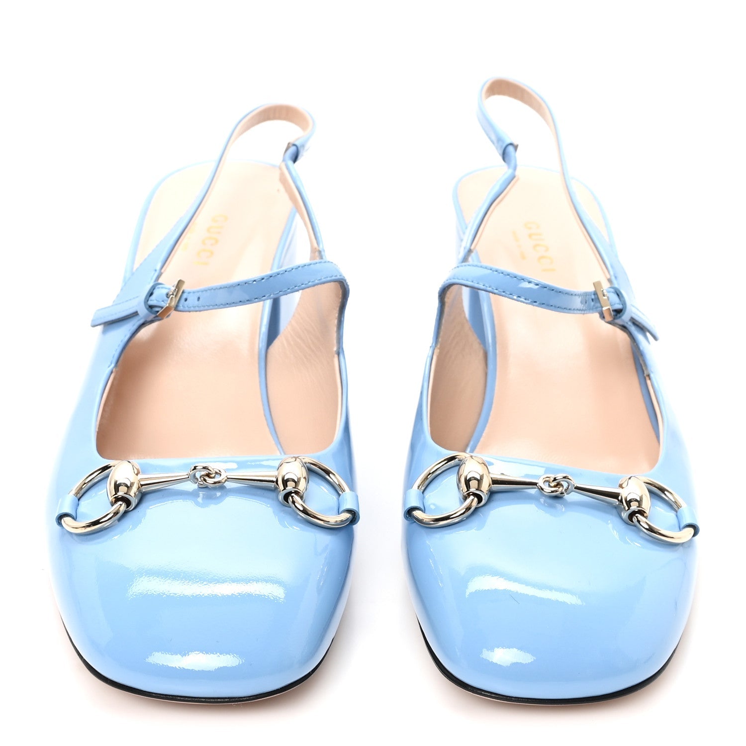 Gucci Vernice Crystal Horsebit Charlotte 42mm Slingback Pumps 37.5 Glacial Blue
