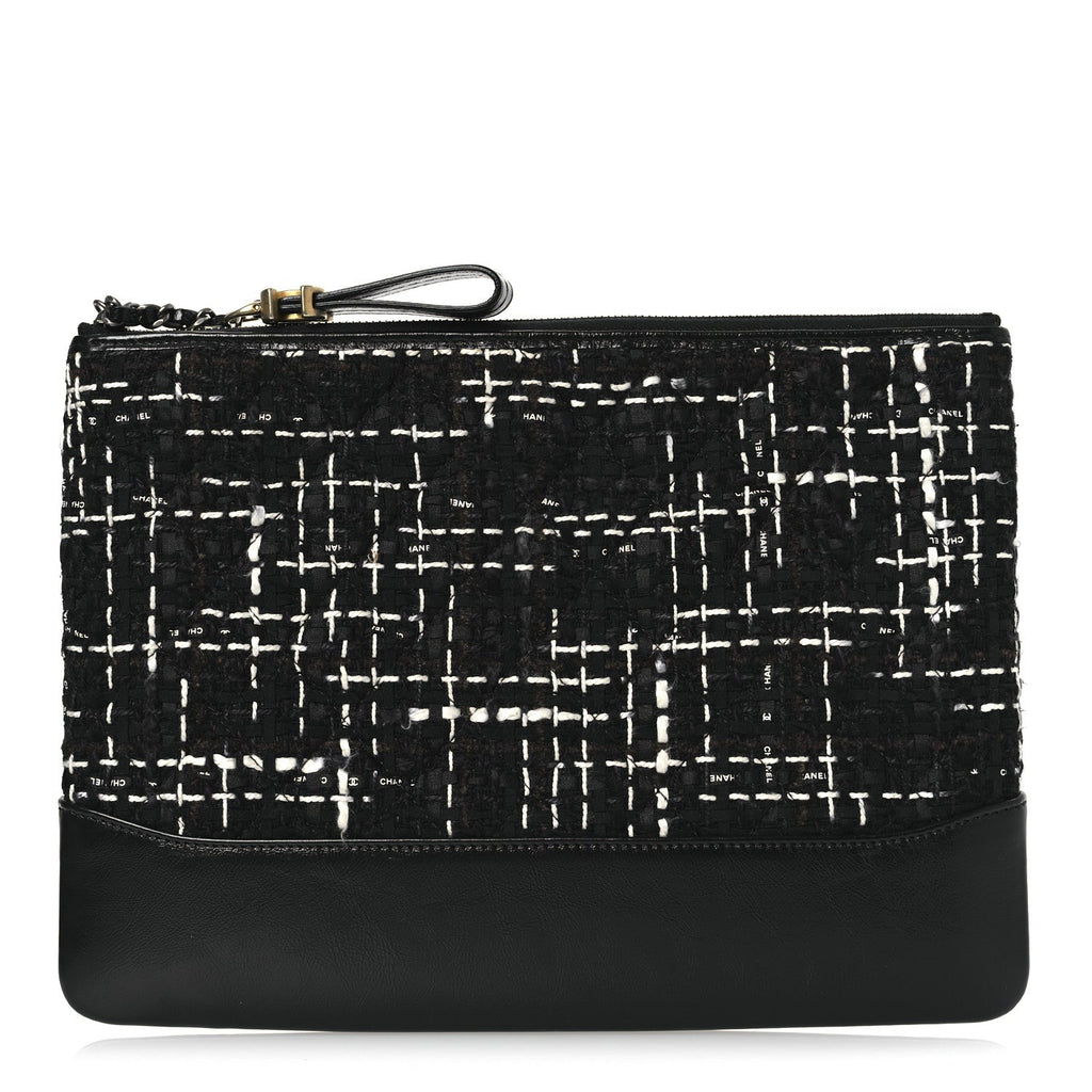 Chanel Tweed Calfskin Quilted Medium Cosmetic Pouch Black White