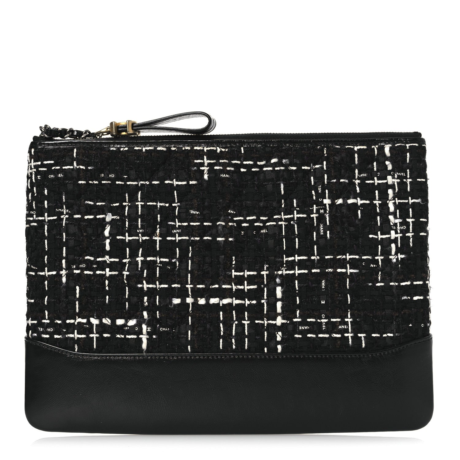 Chanel Tweed Calfskin Quilted Medium Cosmetic Pouch Black White