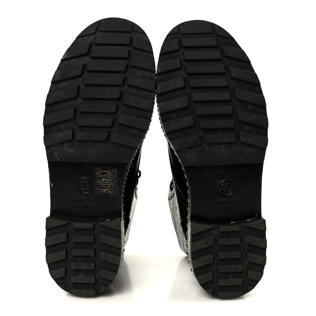 Crackled Calfskin Velvet Pearl Combat Short Boots 36 Black