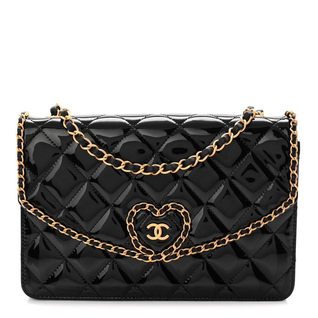 Chanel Patent Quilted Chain Around Heart Flap Black