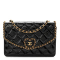 Chanel Patent Quilted Chain Around Heart Flap Black