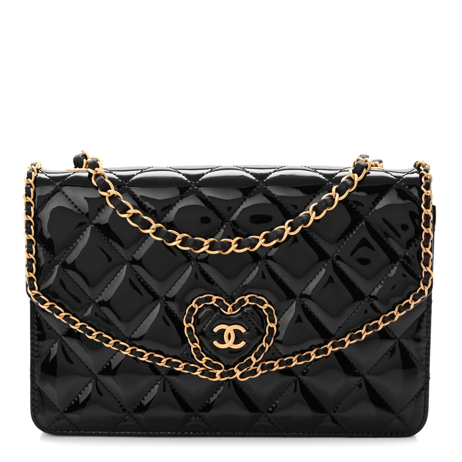 Chanel Patent Quilted Chain Around Heart Flap Black