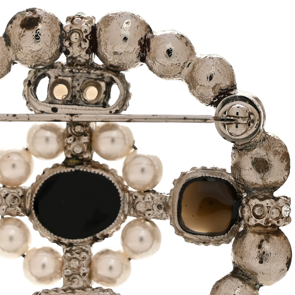 Gripoix Poured Glass Crystal Pearl Brooch Black Silver