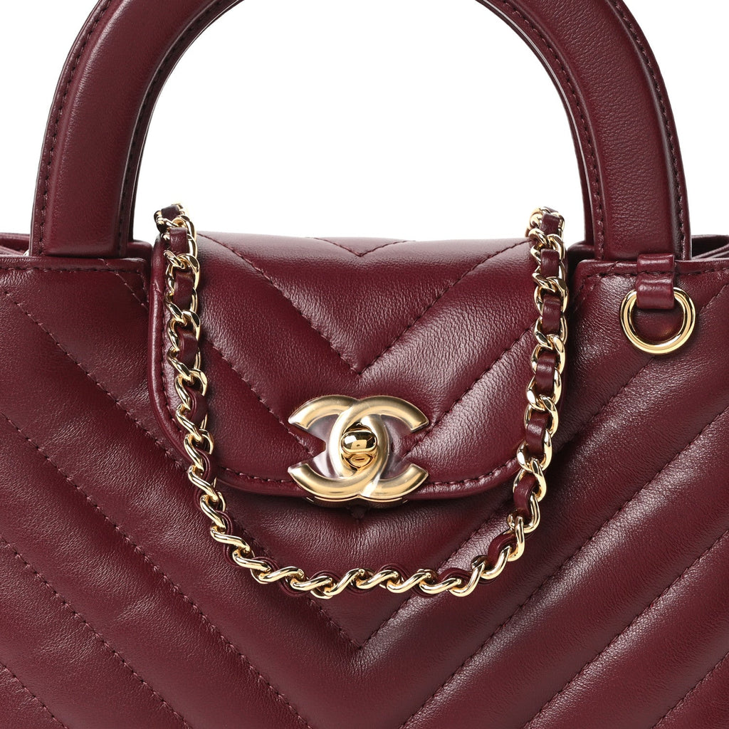 Chanel Shiny Lambskin Chevron Quilted Nano Kelly Shopper Dark Burgundy