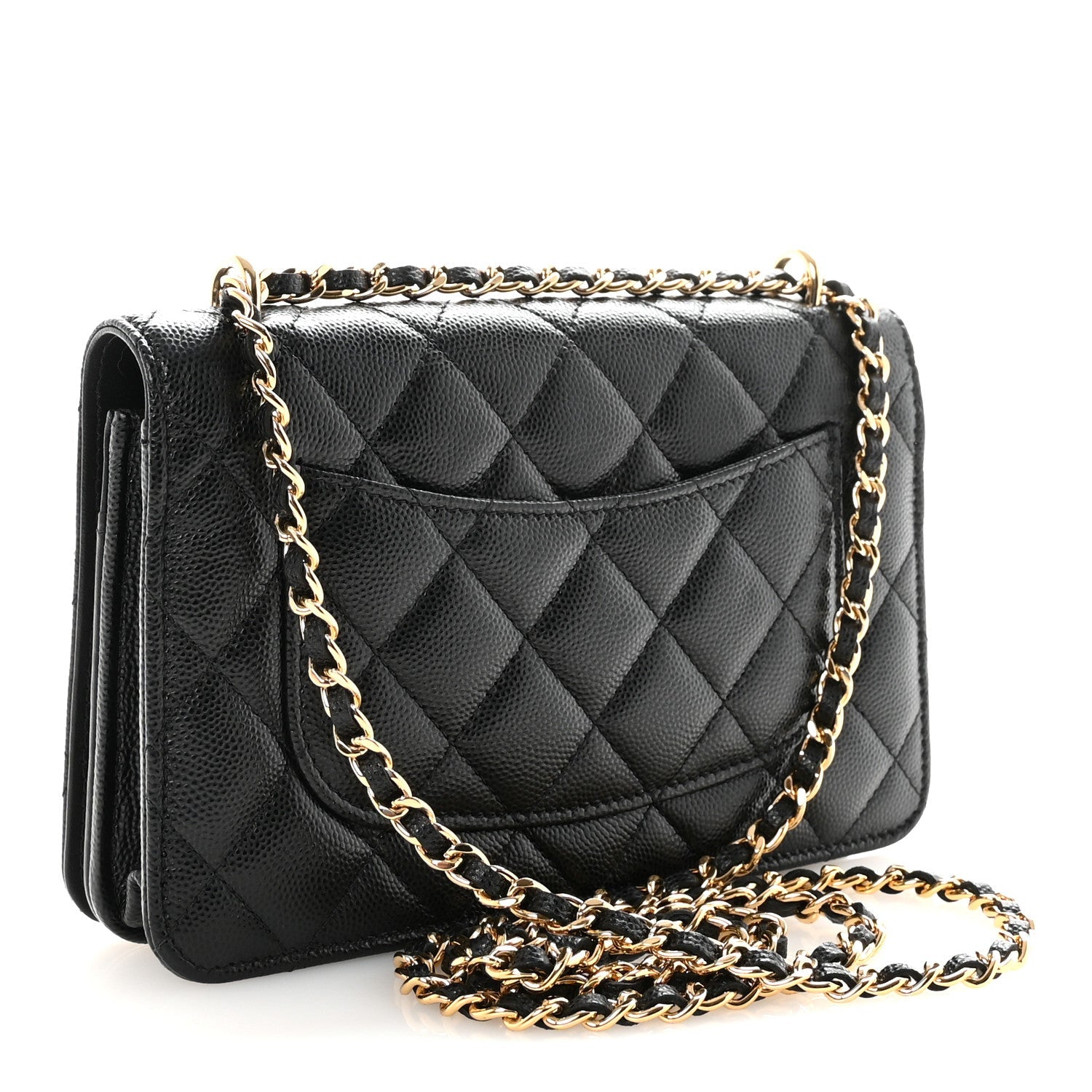 Chanel Caviar Quilted Pocket Clutch With Chain WOC Black