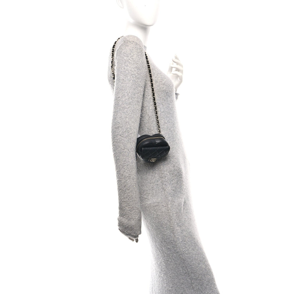 Chanel Lambskin Quilted CC In Love Heart Waist Belt Bag With Chain Black