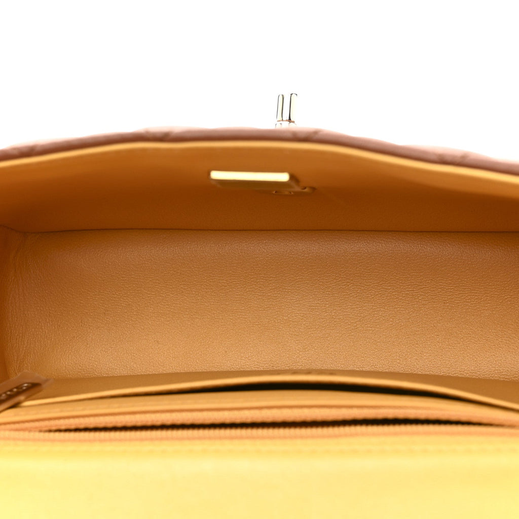 Chanel Lambskin Quilted Bi-Color Mini Top Handle Rectangular Flap Light Brown Yellow