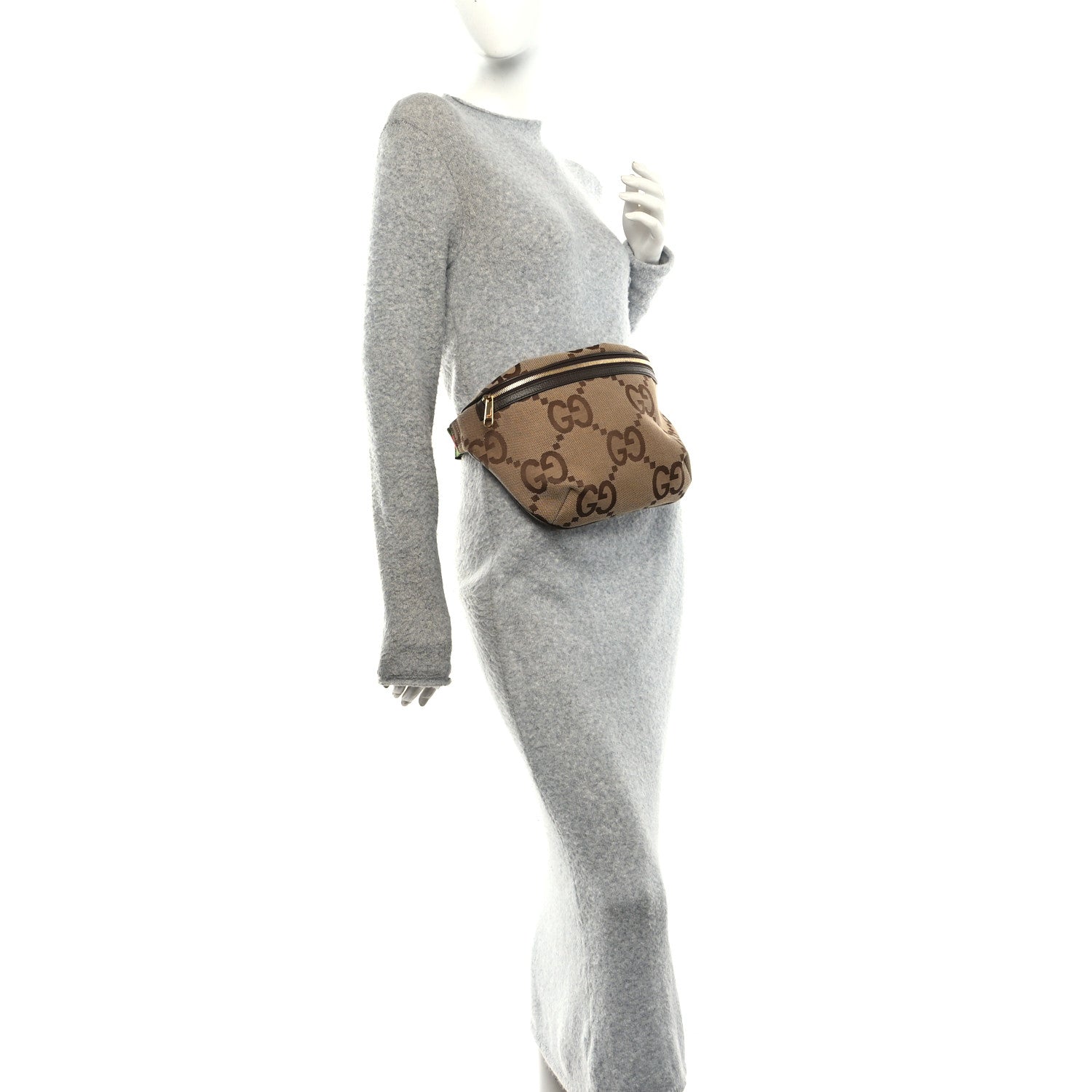 Gucci Monogram Jumbo GG Textured Dollar Calfskin Web Belt Bag Camel Ebony New Acero