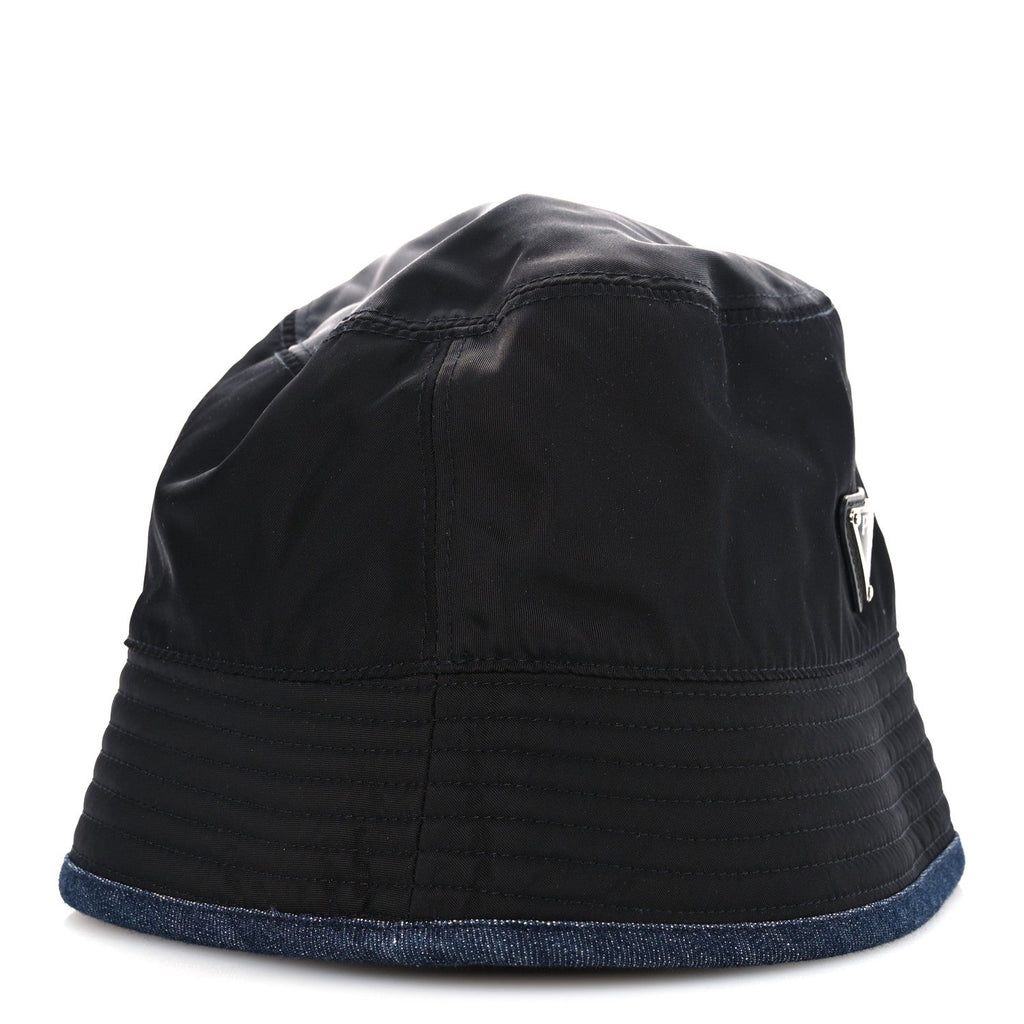 Prada Nylon Denim Metal Triangle Logo Bucket Hat S Black