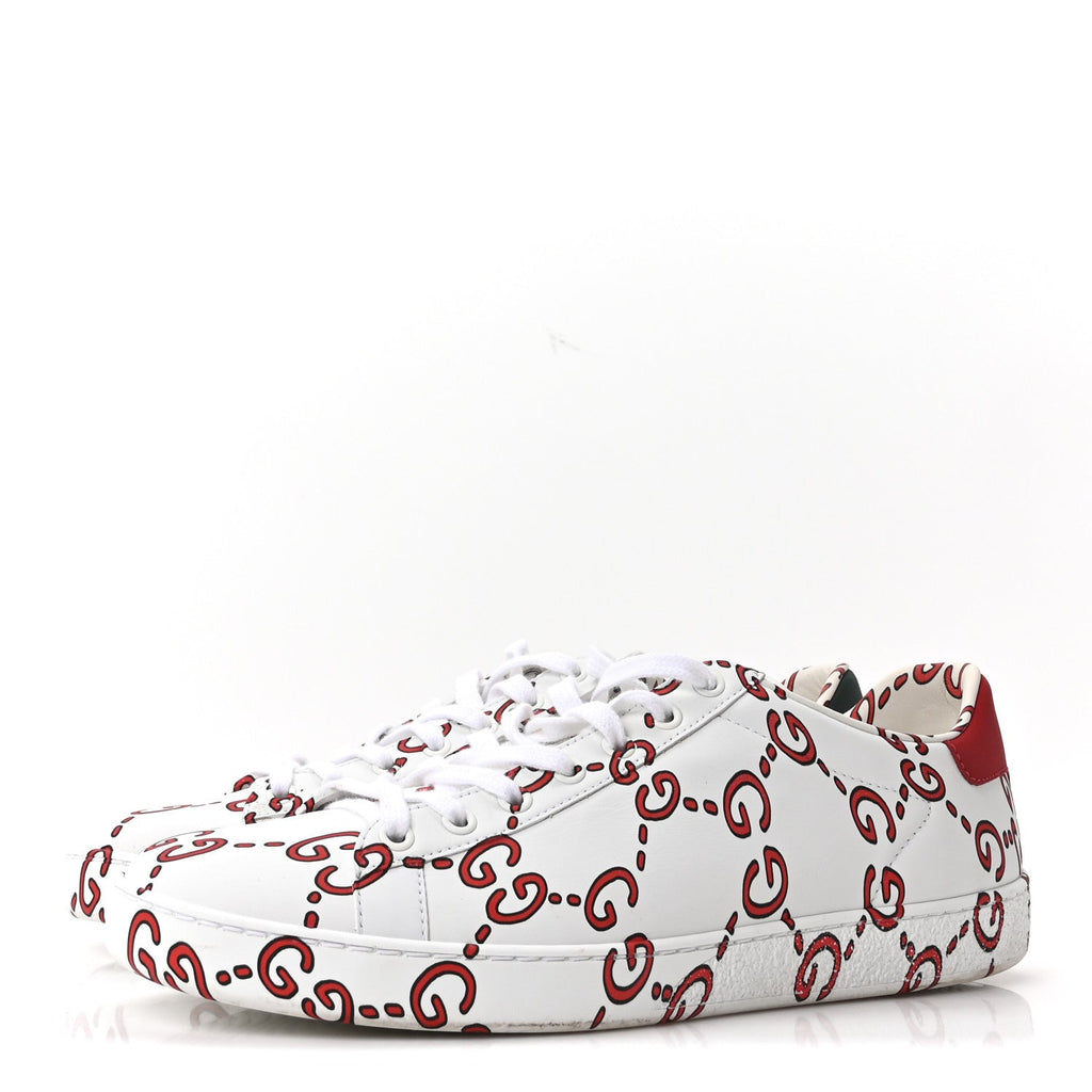 Gucci Calfskin GucciGhost Print Womens Ace Sneakers 40.5 White Hibiscus Red