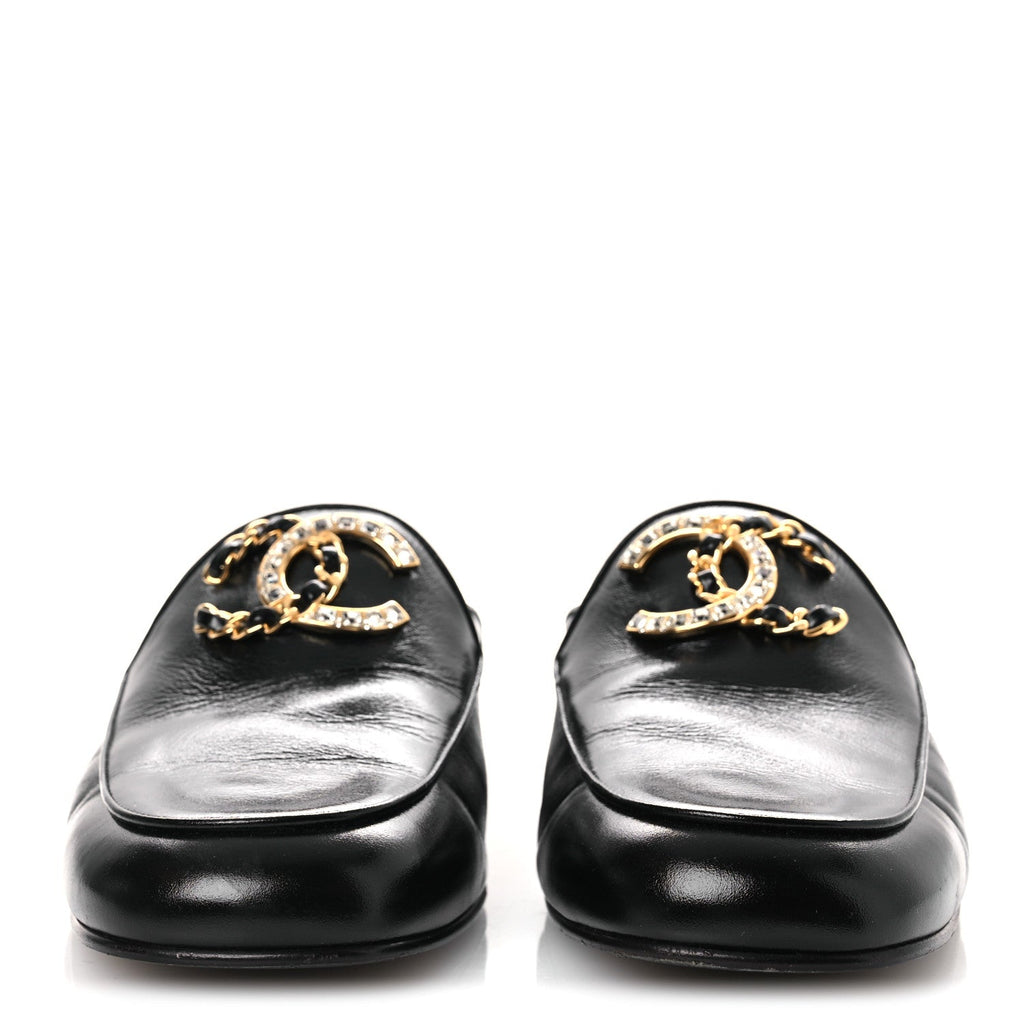 Chanel Shiny Calfskin Crystal CC Mules 41 Black