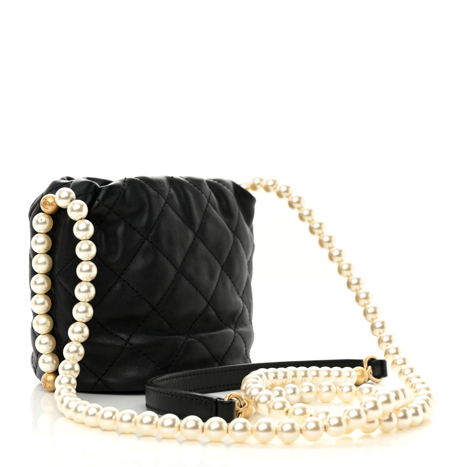 Chanel Calfskin Quilted Pearl Mini About Pearls Drawstring Bucket Bag Black
