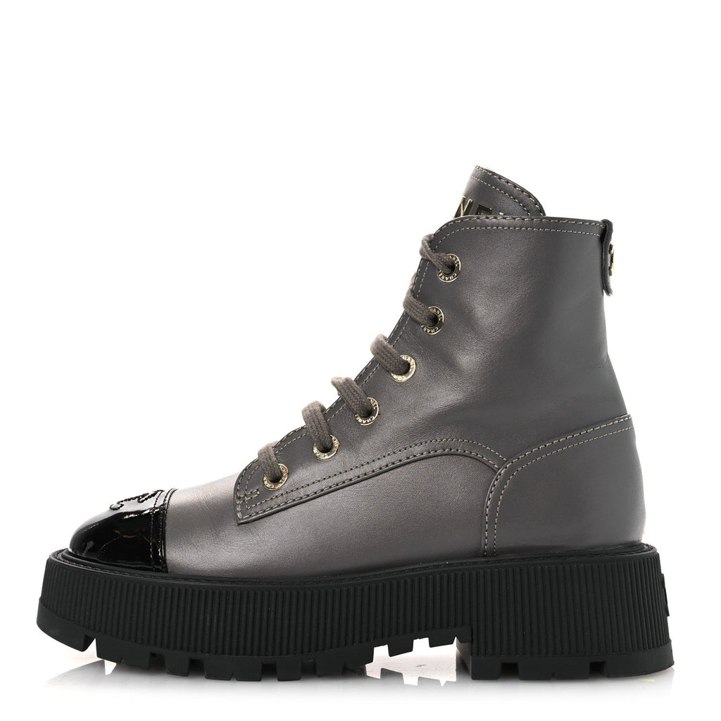 Calfskin Patent Calfskin CC Lace Up Combat Boots 36.5 Gray Black