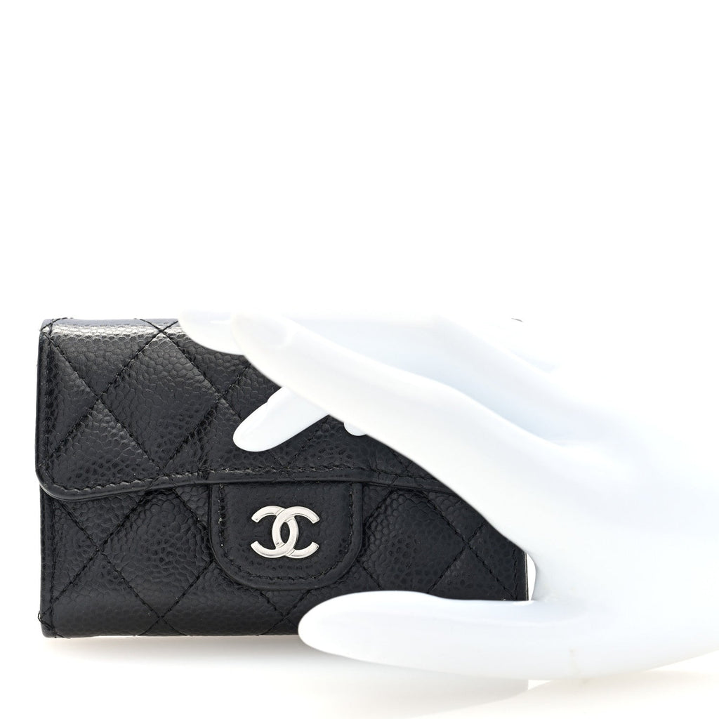 Caviar Quilted Flap Card Holder Wallet Black