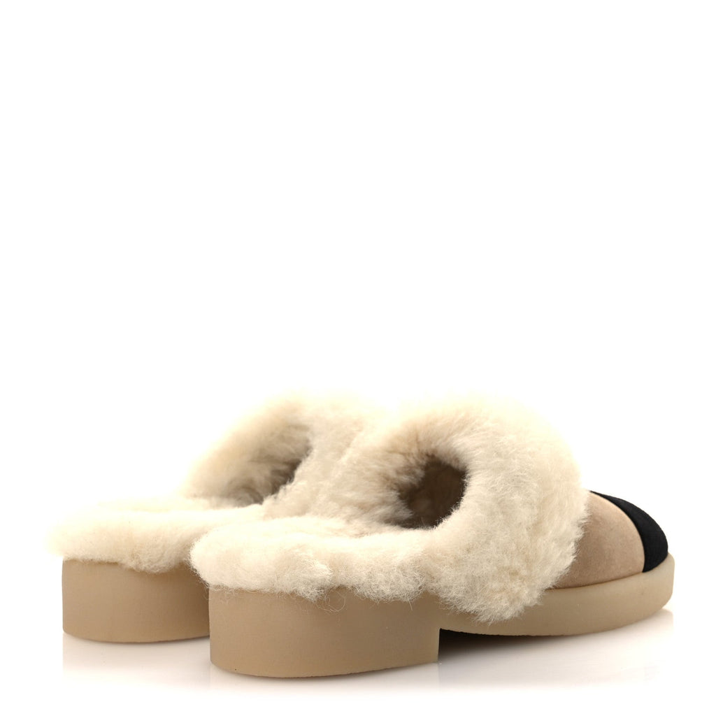 Chanel Suede Shearling CC Cap Toe Mules 39 Beige Black
