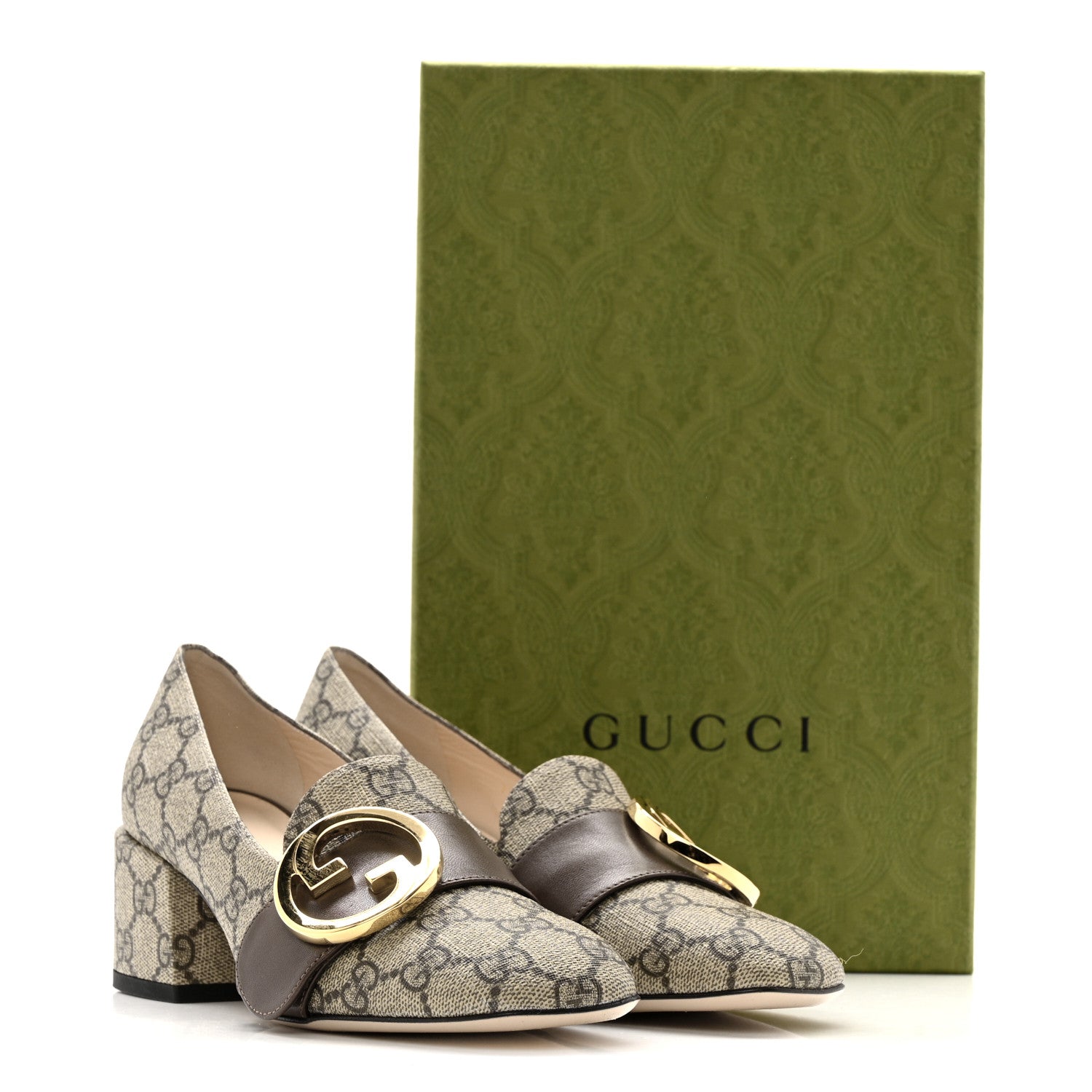 Gucci GG Supreme Monogram Malaga Kid Blondie Pumps 35.5 Beige Ebony New Acero