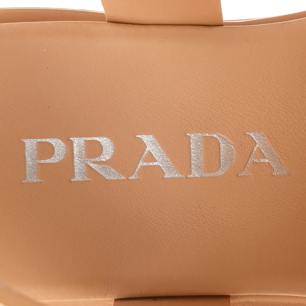 Prada Foam Rubber Metal Triangle Logo Monolith 55mm Cage Sandals 37 Barley