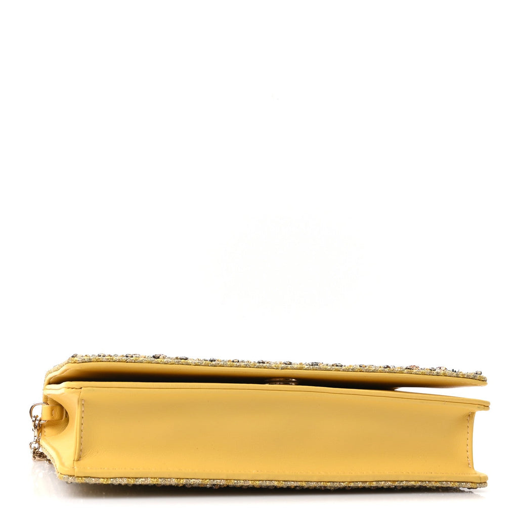 Christian Dior Calfskin Satin Bead Embroidery Lady Dior Clutch Gold Yellow