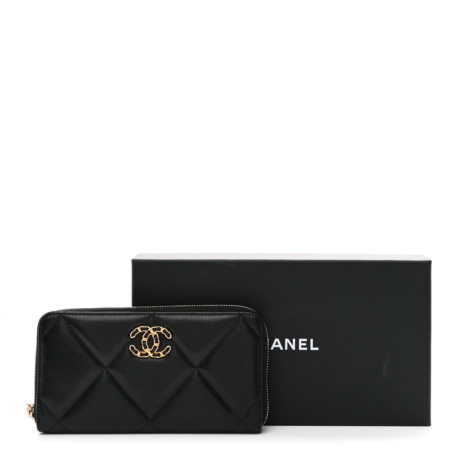 Chanel Shiny Goatskin Quilted Chanel 19 Long Zipped Around Wallet Black